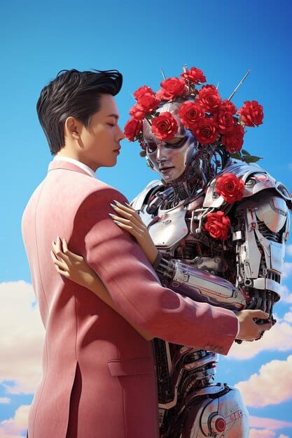 A split image depicting scenes from a K-Drama that blends romance and science fiction, showcasing futuristic technology interwoven with romantic elements.