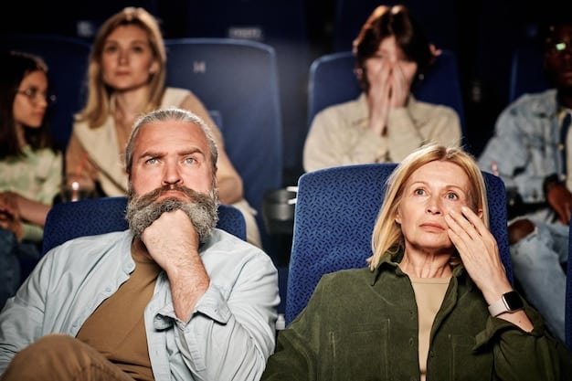 Close up shot of a director looking stressed and overwhelmed on a movie set, surrounded by crew members with concerned expressions.