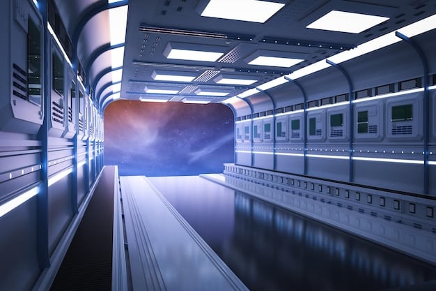 A scene from 2001: A Space Odyssey showing the space station docking, with The Blue Danube visible as text overlay. The sleek, futuristic design of the spacecraft contrasts with the classical music. The image conveys the beauty and technical precision of space travel.