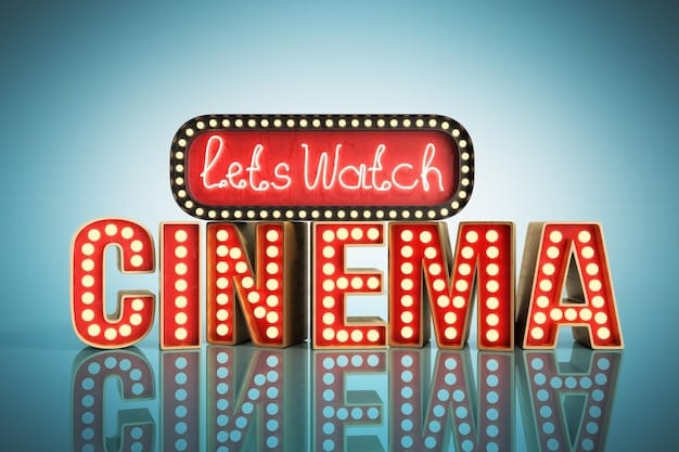 A brightly lit movie theater marquee displaying the titles of films currently showing, with a large crowd of people queuing to purchase tickets. Focus on the vibrant colors and the anticipation in the crowd.
