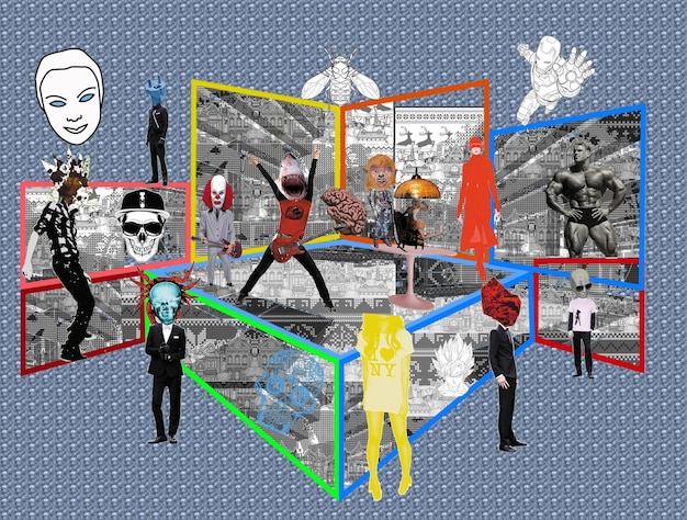 A collage showing various iconic movie scenes from different genres, such as drama, action, and comedy; the collage should portray the diversity and art within films