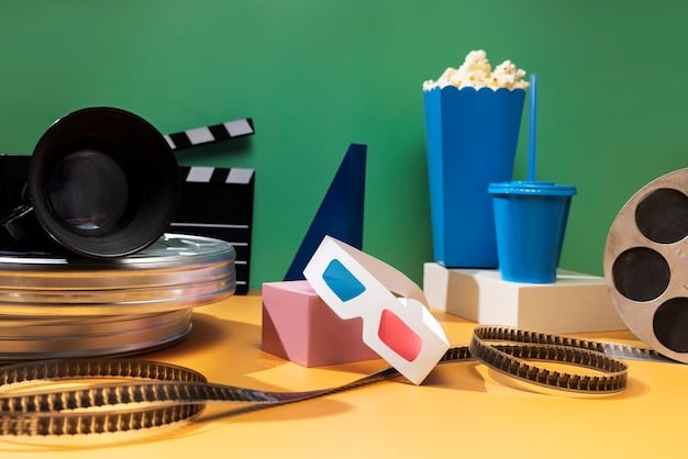 A dynamic composition of various film-related elements, including a director's megaphone, a clapperboard, film reels, and a popcorn bucket, arranged against a dark background. The arrangement is visually appealing and symbolizes the multifaceted nature of filmmaking.