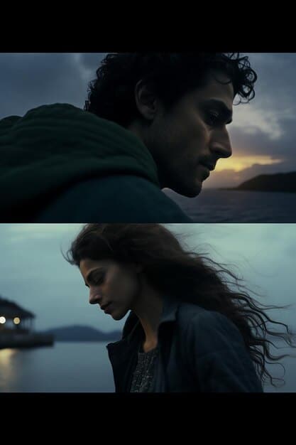 A split-screen image comparing a brooding, mysterious male lead on one side with a warm, smiling 