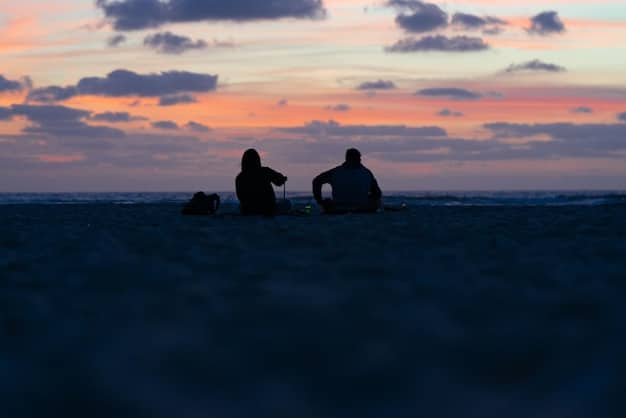 A K-drama couple is having a romantic moment while looking on the sunset at the beach, with soft lights and shadows.