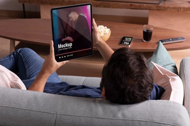 A person relaxing on a couch with a laptop displaying the Netflix interface. The screen shows a variety of movie and TV show recommendations personalized for the user. The lighting is warm and inviting, enhancing the cozy atmosphere.